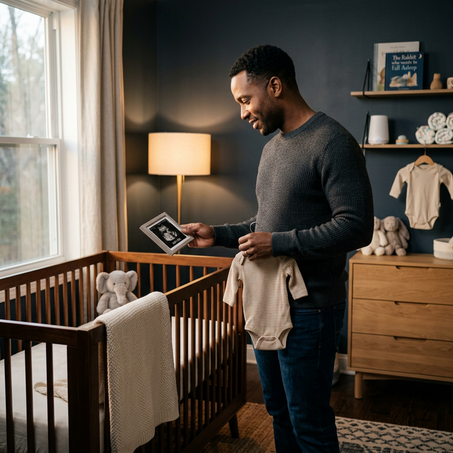 Expecting Dad looking at an ultrasound in a modern nursery