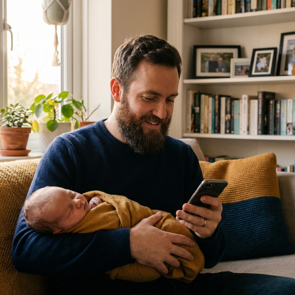 Modern Dad using DADit App with newborn