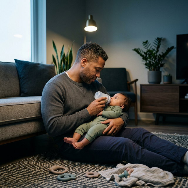 Dad feeding baby in a dimly lit living room